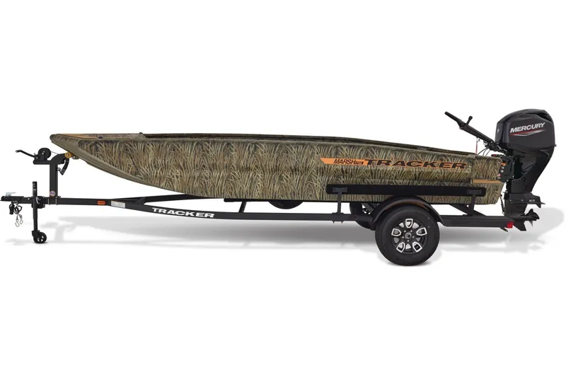 Slide: The Image of 2026 Tracker Grizzly 1756 T Marsh boat displayed in a store setting. - 4