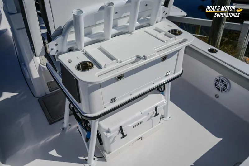Slide: The Image of 2025 Blackfin 262 HB boat interior with rod holders and storage compartments. - 15