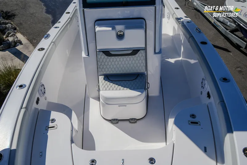 Slide: The Image of 2025 Blackfin 262 HB boat interior with sleek seating and modern design. - 27