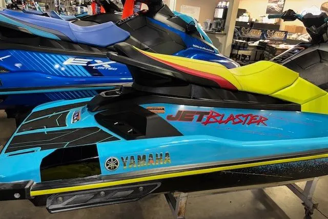 Slide: The Image of 2022 Yamaha WaveRunner JetBlaster in vibrant blue and yellow on display. - 10