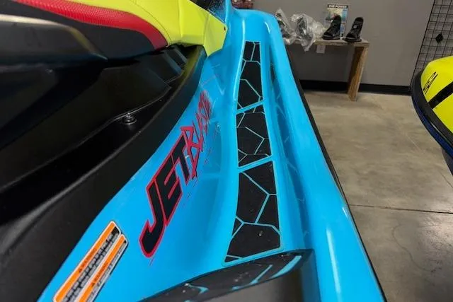 Slide: The Image of 2022 Yamaha WaveRunner JetBlaster in vibrant blue and yellow, showcasing sleek design details. - 8