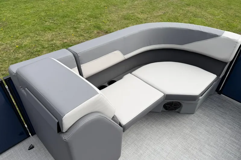Slide: The Image of Luxurious seating on 2026 Lowe LS 190 boat, featuring sleek gray upholstery and modern design. - 14