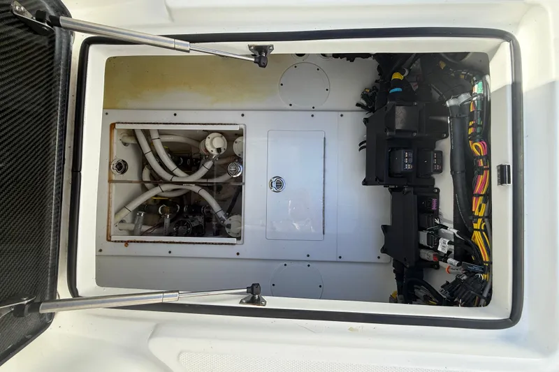 Slide: The Image of 2024 SeaHunter 35 Tournament boat wiring and plumbing compartment view. - 40