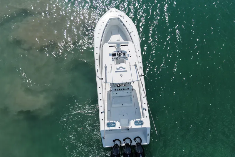Slide: The Image of Aerial view of 2024 SeaHunter 35 Tournament boat on clear water. - 6