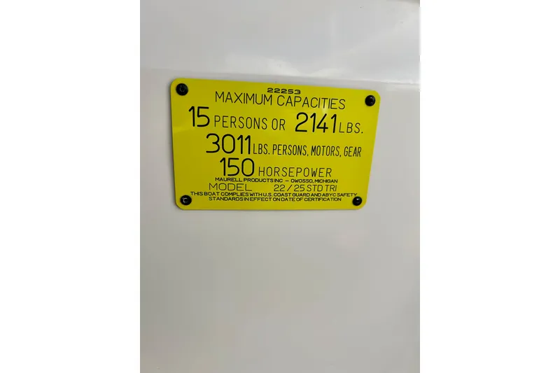 Slide: The Image of Yellow capacity plate for Crest LE 2270, 2007, showing weight and horsepower limits. - 40