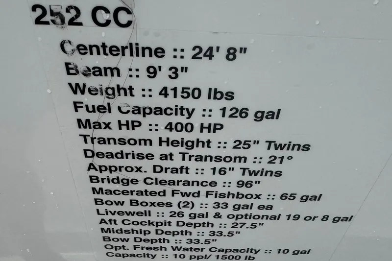 Slide: The Image of 2019 Tidewater 252 CC Adventure specifications: 24'8" centerline, 9'3" beam, 4150 lbs weight, 126 gal fuel. - 60