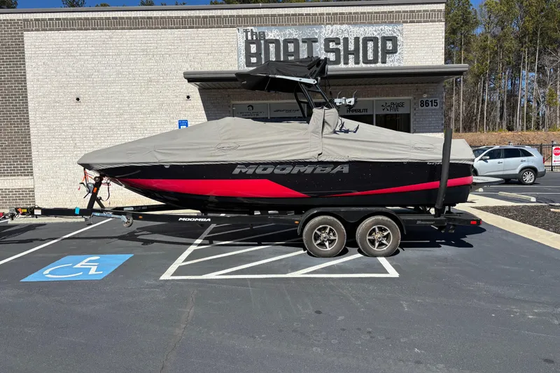 Slide: The Image of 2020 Moomba Craz boat covered on trailer outside The Boat Shop. - 16