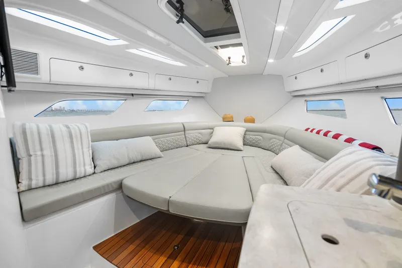 Slide: The Image of Luxurious interior of 2024 Intrepid 41 Valor yacht with plush seating and elegant design. - 23