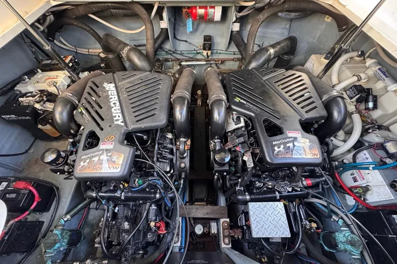 Slide: The Image of Engine room of 2004 Sea Ray 340 Sundancer with twin MerCruiser 8.1S Horizon engines. - 85