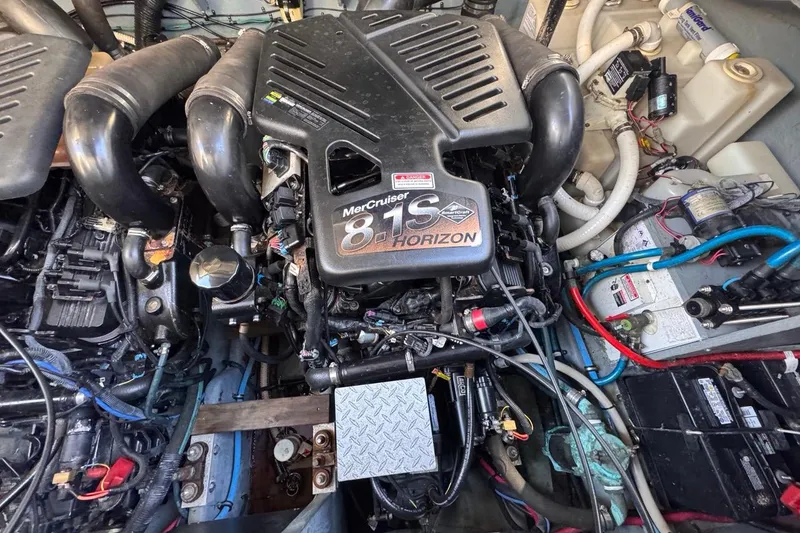 Slide: The Image of Engine compartment of a 2004 Sea Ray 340 Sundancer with MerCruiser 8.1S Horizon engine. - 88