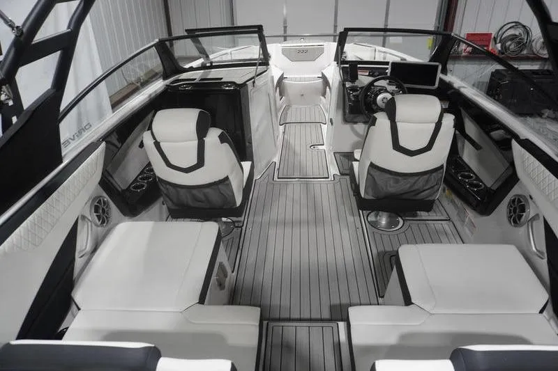 Slide: The Image of 2024 Yamaha Boats 222SD interior with sleek seating and modern dashboard design. - 8
