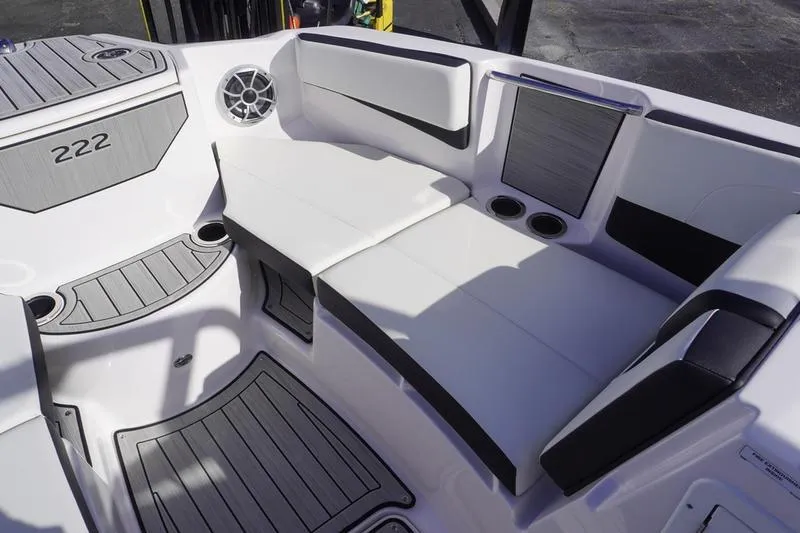 Slide: The Image of 2024 Yamaha Boats 222S interior seating with sleek design and modern features. - 12