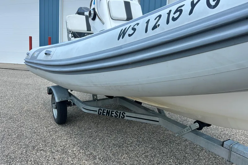 Slide: The Image of 2018 AB Inflatables Oceanus 4.30VSC on Genesis trailer, parked outdoors. - 3