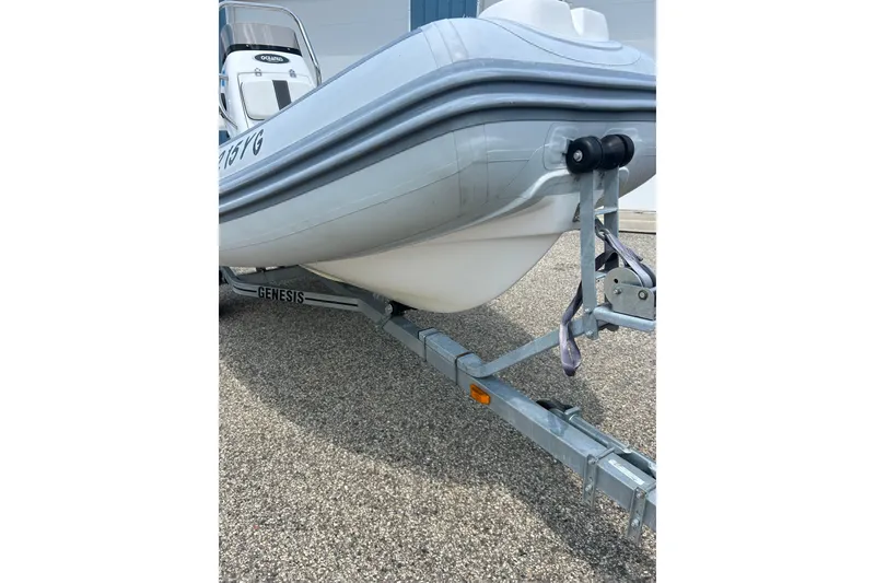 Slide: The Image of 2018 AB Inflatables Oceanus 4.30VSC boat on trailer, side view. - 5