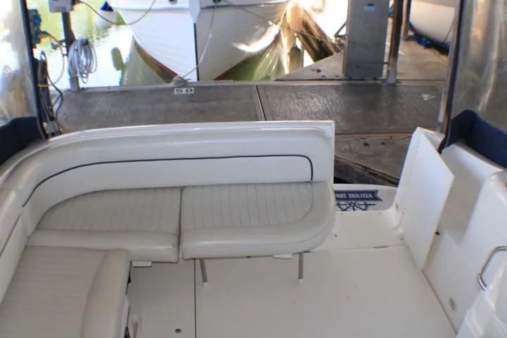Slide: The Image of 2002 Bayliner 3055 Ciera boat interior with "Welcome Aboard" mat. - 11