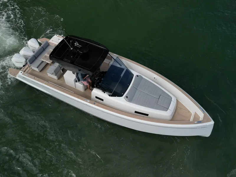 Slide: The Image of 2022 Pardo Yachts 38 cruising on water, showcasing sleek design and powerful engines. - 37