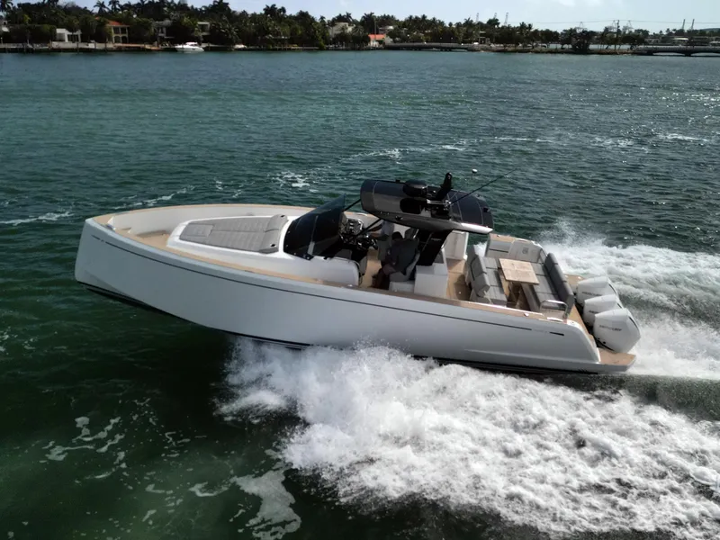 Slide: The Image of 2022 Pardo Yachts 38 cruising on open water, showcasing sleek design and luxury features. - 38