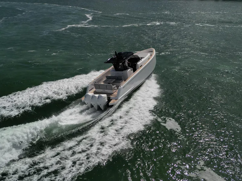 Slide: The Image of 2022 Pardo Yachts 38 cruising on open water, showcasing sleek design and powerful engines. - 40