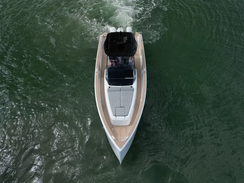 Slide: The Image of 2022 Pardo Yachts 38 cruising on open water, aerial view. - 30