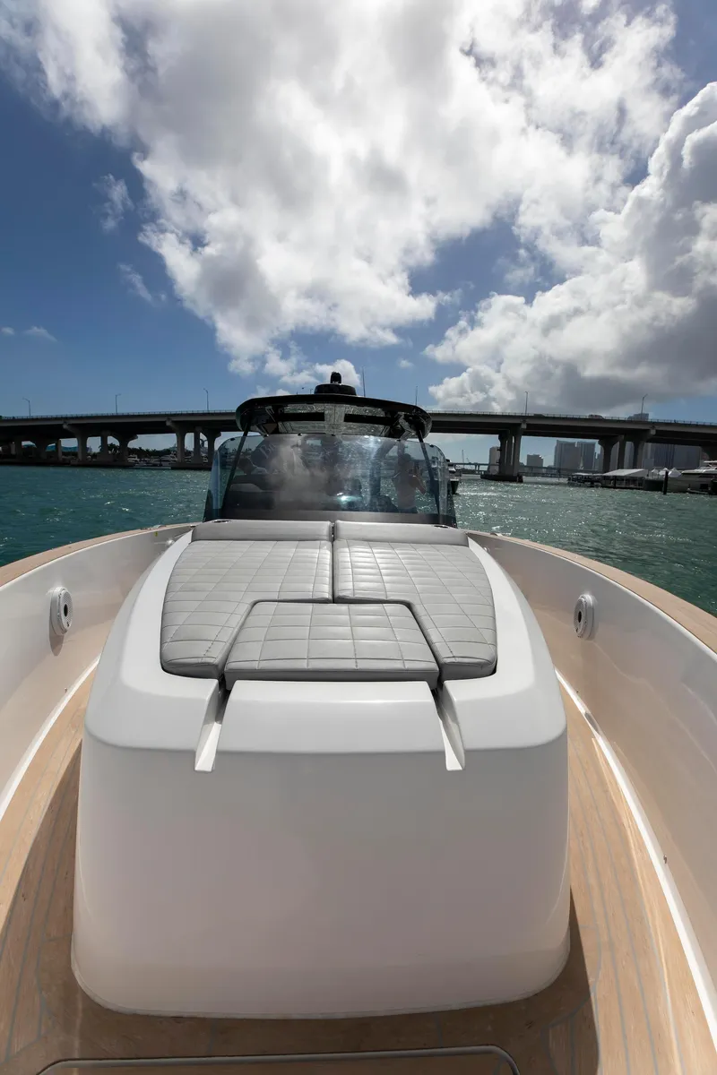 Slide: The Image of 2022 Pardo Yachts 38 on water, showcasing sleek design and luxury features. - 42