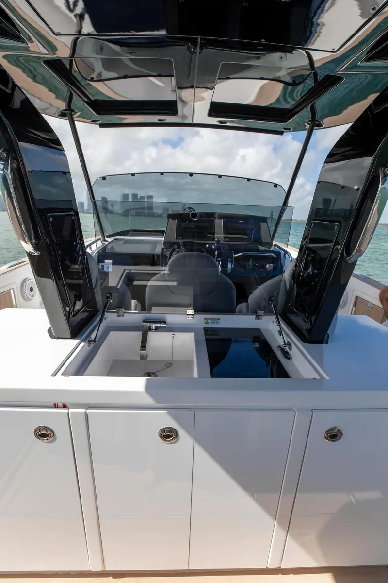 Slide: The Image of 2022 Pardo Yachts 38 interior with sleek design and modern amenities, featuring a spacious cockpit. - 48