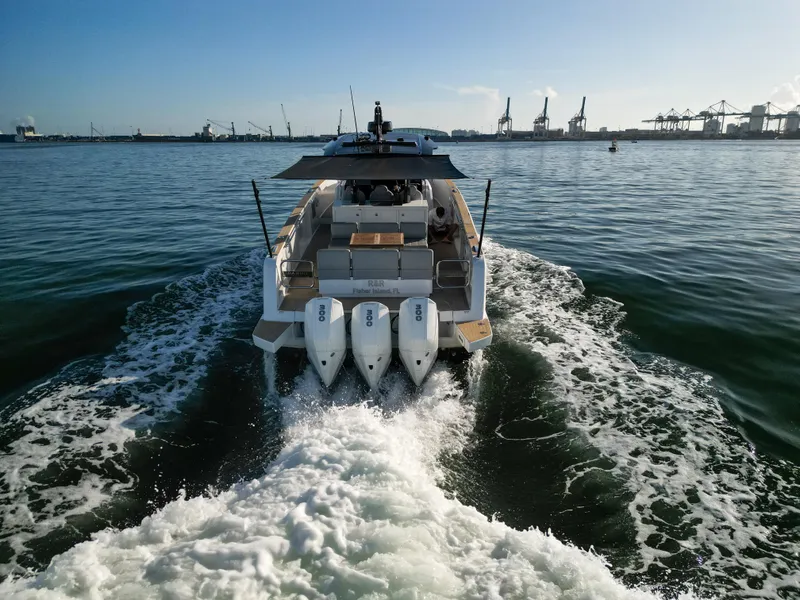 Slide: The Image of 2022 Pardo Yachts 38 cruising in open water with three powerful engines. - 6