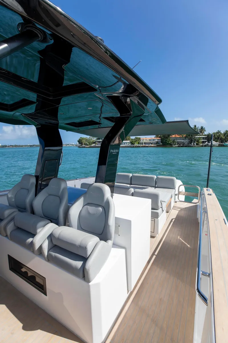 Slide: The Image of 2022 Pardo Yachts 38, luxury seating, sleek design, cruising on clear blue water. - 7