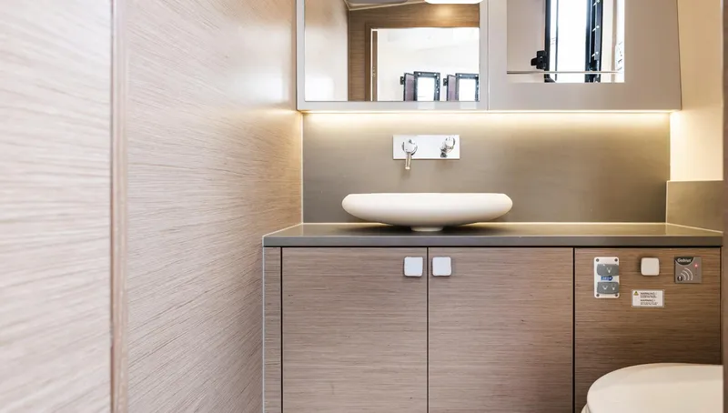 Slide: The Image of Modern bathroom interior in 2023 Fjord 38 yacht, featuring sleek design and elegant fixtures. - 27