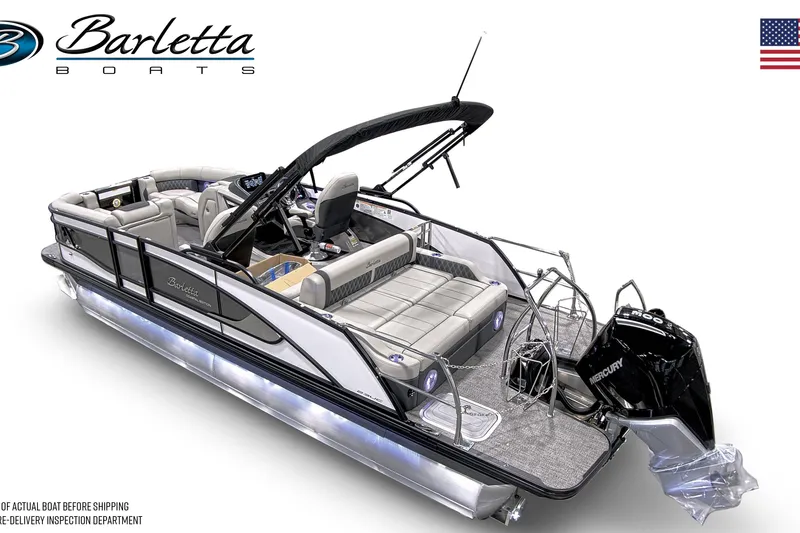 Slide: The Image of 2026 Barletta Lusso 23UC pontoon boat docked at a marina under clear blue skies. - 10