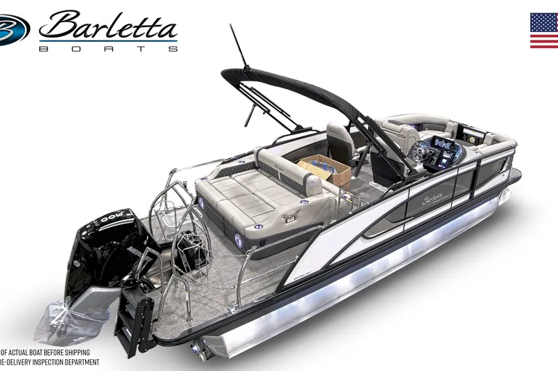 Slide: The Image of 2026 Barletta Lusso 23UC pontoon boat docked at a marina under clear blue skies. - 12