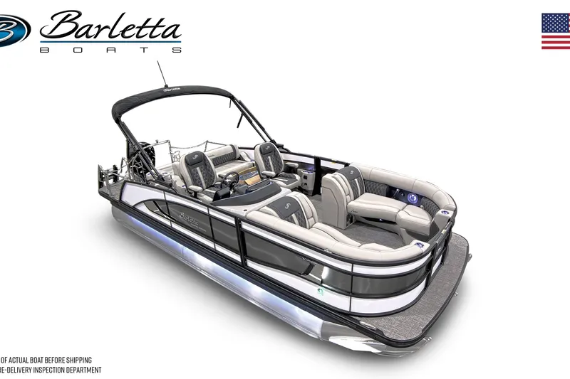 Slide: The Image of 2026 Barletta Lusso 23UC pontoon boat docked at a marina under clear blue skies. - 13