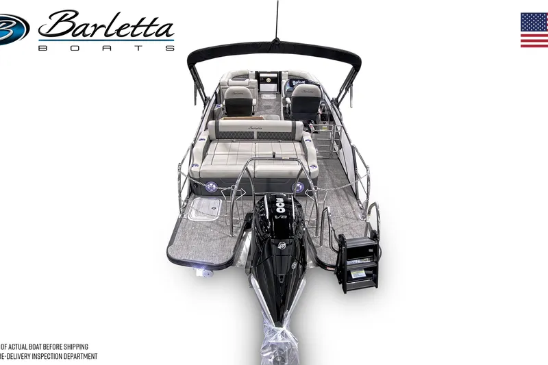 Slide: The Image of 2026 Barletta Lusso 23UC pontoon boat docked at marina, featuring sleek design and powerful engine. - 2
