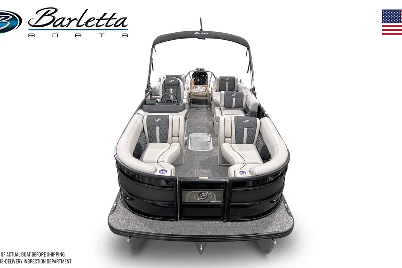 Slide: The Image of 2026 Barletta Lusso 23M pontoon boat, luxurious seating, sleek design, front view. - 5