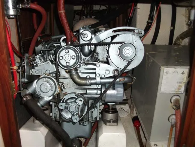Slide: The Image of 1990 Catalina 27 boat engine, close-up view. - 2
