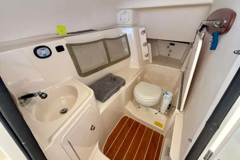 Slide: The Image of 2016 Grady-White Freedom 307 boat on calm water, featuring dual 300 horsepower engines. - 26