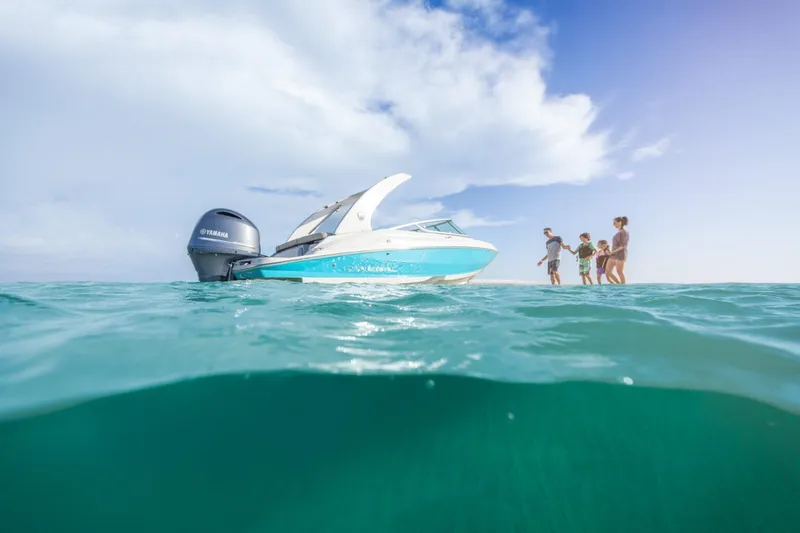 Slide: The Image of 2026 Regal 21 OBX boat on water with family enjoying beach day. - 4