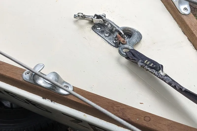 Slide: The Image of Close-up of 1981 McVay Bluenose sailboat rigging and hardware details. - 14