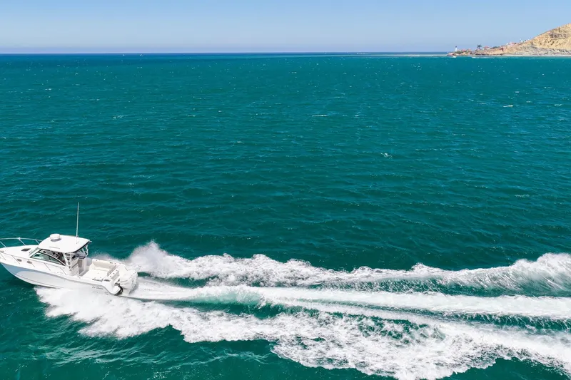 Slide: The Image of 2018 Boston Whaler 315 Conquest cruising on open ocean with distant coastline. - 57