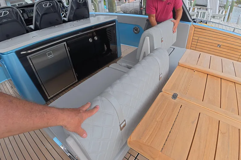 Slide: The Image of 2025 Schaefer V44 yacht interior with luxurious seating and modern amenities. - 29