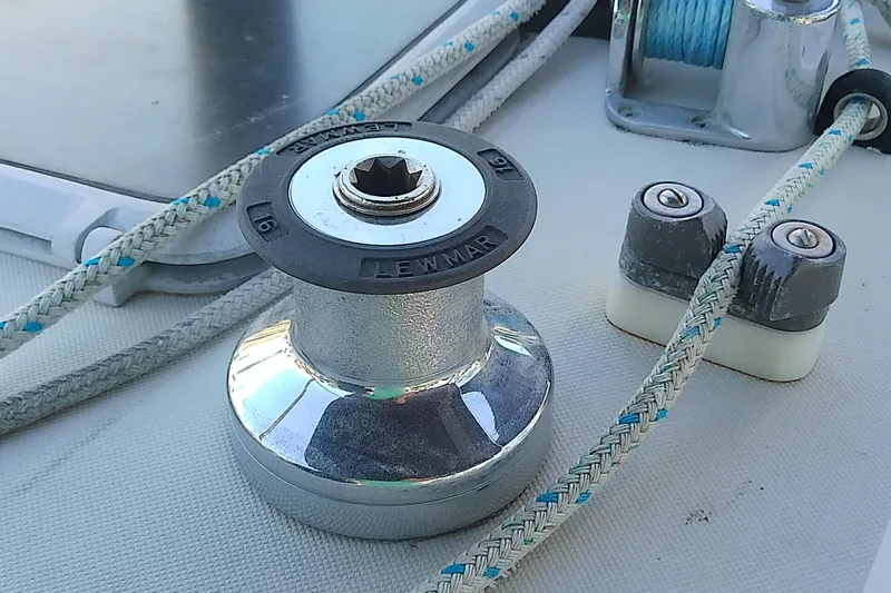Slide: The Image of Sailboat deck with Lewmar winch and ropes, Pearson 36-2, 1988 model. - 20