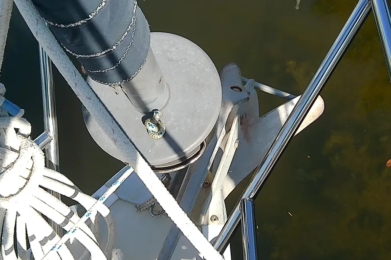 Slide: The Image of Close-up of 1988 Pearson 36-2 sailboat deck with anchor and rigging. - 26