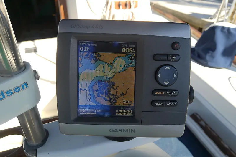 Slide: The Image of Garmin GPSmap 441s on 1988 Pearson 36-2 sailboat, displaying nautical chart. - 9