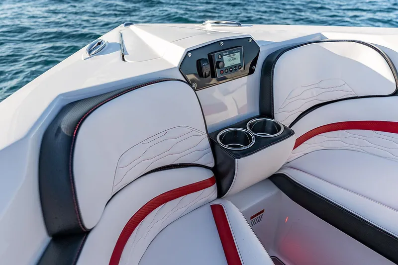Slide: The Image of 2022 Sunsation 32 CCX boat interior with stylish seating and modern design. - 12
