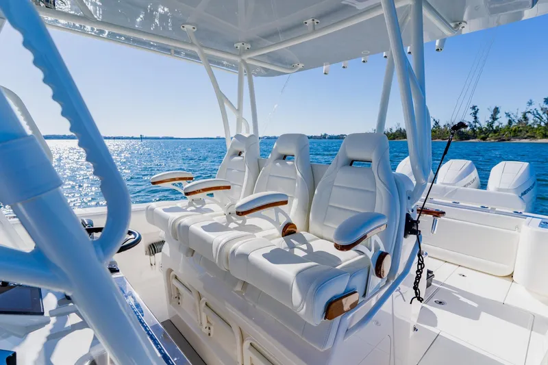 Slide: The Image of Luxury seating on 2025 SeaVee 370Z boat with ocean view. - 19
