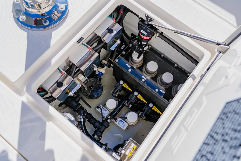Slide: The Image of Engine compartment of 2025 SeaVee 370Z boat, showcasing advanced mechanical components. - 35