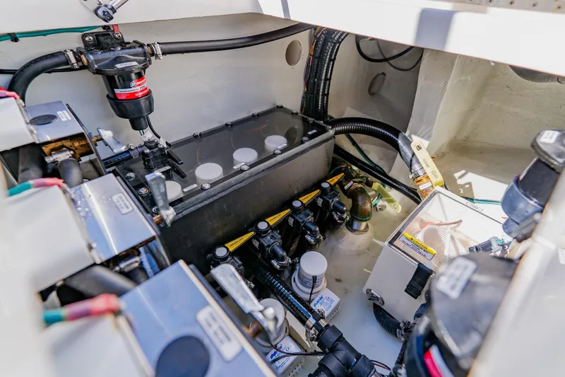 Slide: The Image of Engine compartment of 2025 SeaVee 370Z boat, showing fuel system and components. - 36