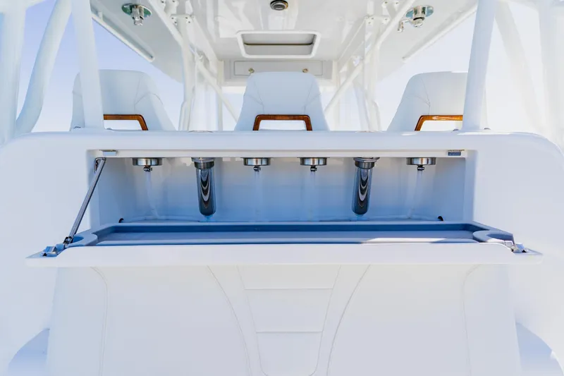 Slide: The Image of 2025 SeaVee 370Z boat interior with sleek white design and modern features. - 41