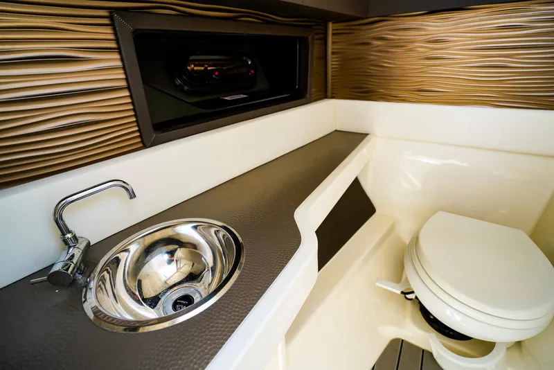 Slide: The Image of 2022 Sea Ray SLX 310 OB boat interior with sink and toilet. - 21