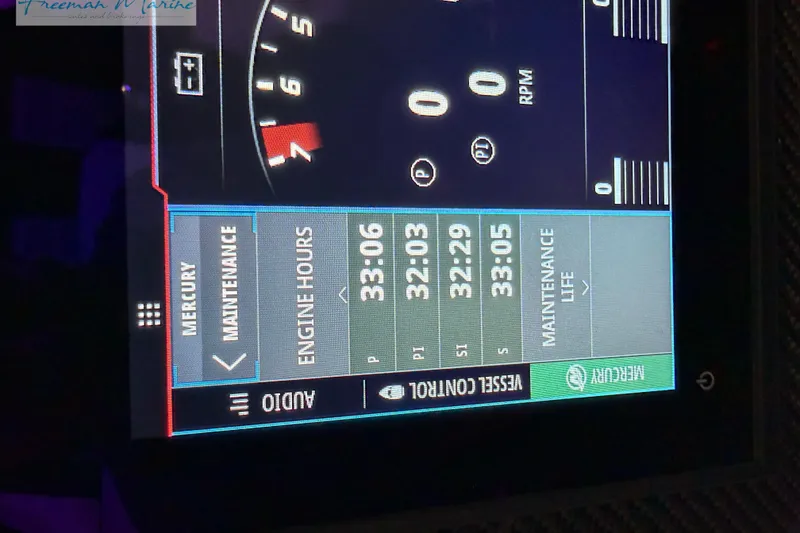 Slide: The Image of Dashboard display of 2024 Cigarette 41' Nighthawk showing engine hours and maintenance data. - 22