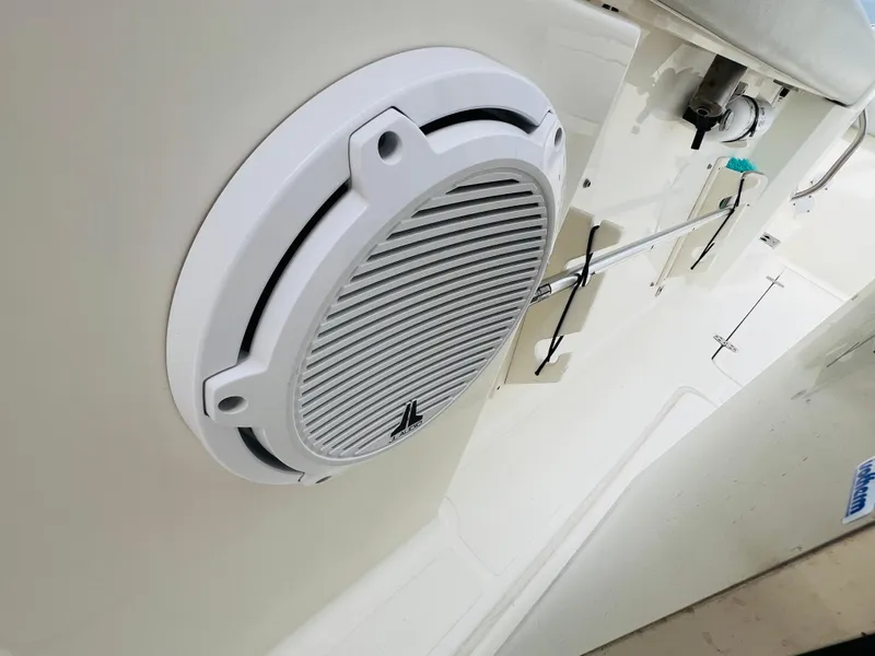 Slide: The Image of Close-up of a 2022 Pursuit S 358 Sport boat speaker system. - 24